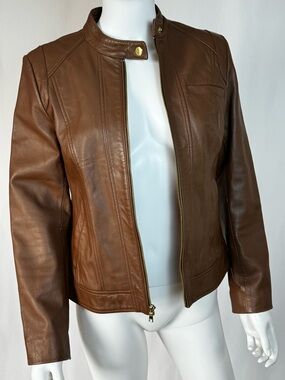 Cole Haan Chestnut Brown Leather Zip Jacket